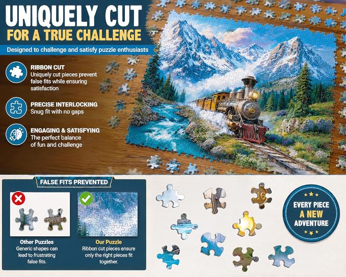 Adult Jigsaw Puzzle 1000 Piece Mountain Express | Features a steam locomotive thundering down the train tracks. Challenging 20x27 inch finished display.