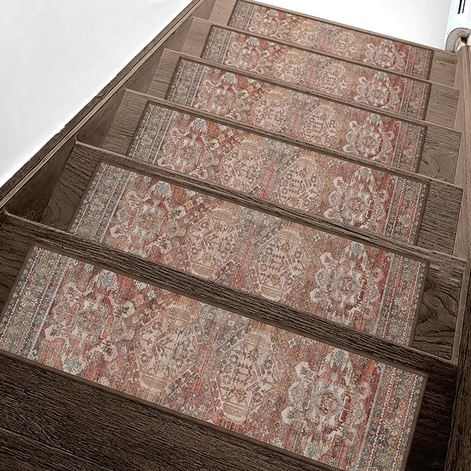sarben 8"x30" Non Slip Stair Treads for Wooden Steps 15 Pack, Brick | Peel and Stick Carpet Stair Runner with TPE Adhesive Backing, Carpet for Added Safety, Pet and Senior Friendly
