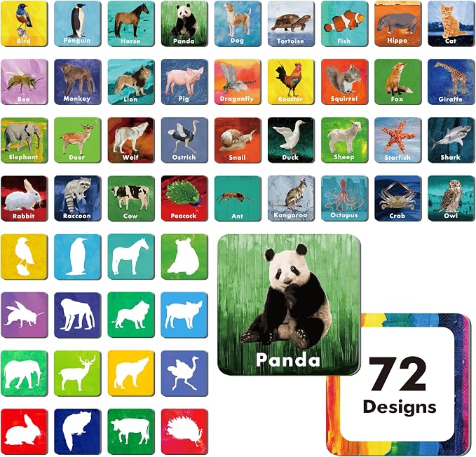Hebayy 108 PCS Memory Matching Game, 72 Animal Cards & 36 Shadow Cards Matching Cards 36 Pairs Real Animal for Toddlers, Preschool, Kids 4 5 6 Years Old (2” x 2”)