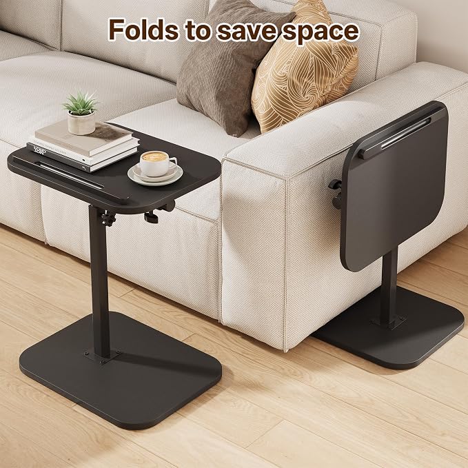 TV Tray Table, Sofa Side Armrest Tray, C Shaped End Table | Adjustable Height, Flip-Top, Snack Side Table with 360° Swivel and 180° Tilt, for Couch, Small Spaces, Bed, Chair, Black