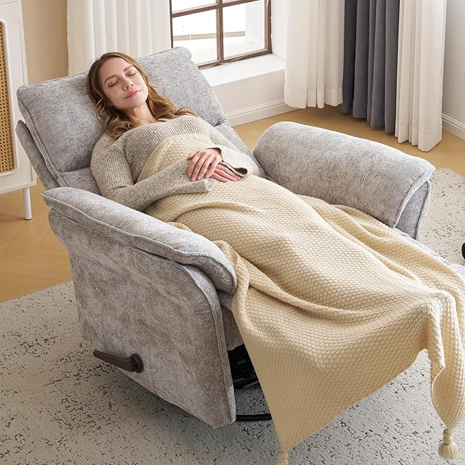 Oversized Glider Rocker Recliner, 24" Extra Wide 360° Swivel Nursery Recliner with Adjustable Headrest, Chenille Rocking Nursery Chair with Overstuffed Armrest, Lumbar Support, Light Grey