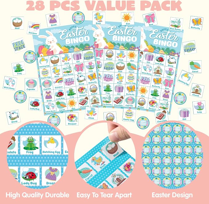 JOYIN 28 Players Easter Bingo Card (5x5) with Blue Color for Kids, Boys, Girls and Adults, Easter Games, School Classroom Activities and Easter Basket Stuffers
