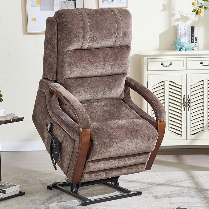 Trustyue Power Lift Recliner Chair, 180° Lay Flat Recliner, Lift Chair with Massage and Heat, Standing Assistance, Living Room Chair for Elderly People Chenille, Brown
