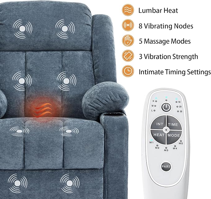 Power Lift Recliner Chair for Elderly with Massage and Heat, Recliner Chairs for Adults, Upgraded Fabric Reclining Sofa Chair with USB & Type-C Ports, L1288 (Blue)