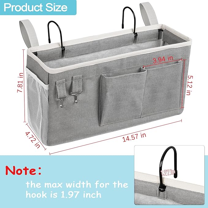 Bedside Caddy, Bedside Storage Bag Hanging Organizer for Bunk Dorm Bed Rail | Bed Caddy with Hooks, Top Bunks and Dorm Essentials for Water, Tissues, Tablets, Books, Phones, Remotes and Other Necessories
