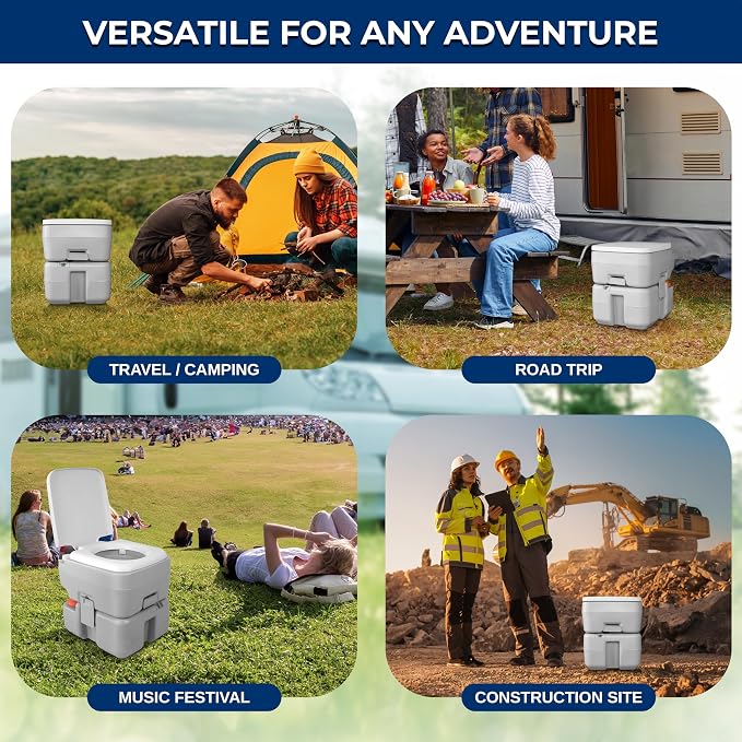 SereneLife Portable Toilet 5.3 Gal Camping Travel Outdoor Flush Toilet Seat | 5.3 Gal waste tank, 50+ flushes, leak-proof odor control, 3-way rinse system, no-splash disposal, durable portable design