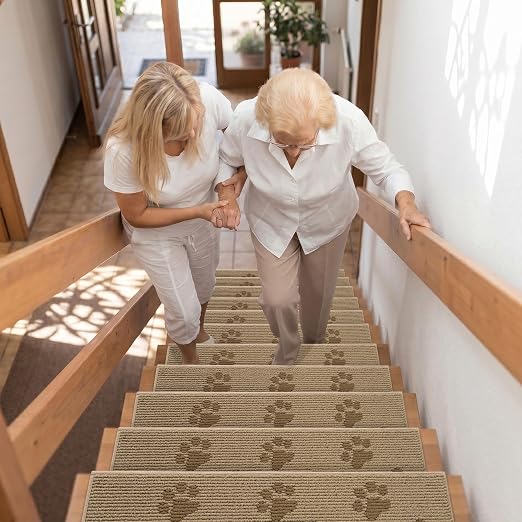 DEXDE Stair Treads for Wooden Steps Non-Slip Stair Runner 4pcs 30"x8" Beige | Carpet Stair Treads Non Slip Backing Indoor, Soft Washable Stair Rug Self-Adhesive Staircase Rugs for Kids Pets Elders