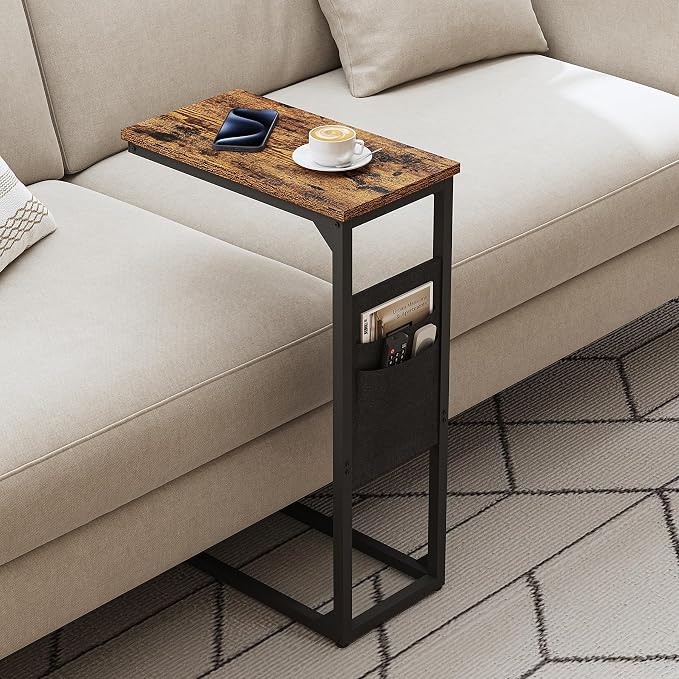 TUTOTAK C Shaped End Table, Side Table for Couch, Sofa Table | with Storage Bag, TV Tray for Living Room, Bedroom, Brown TB01BB082