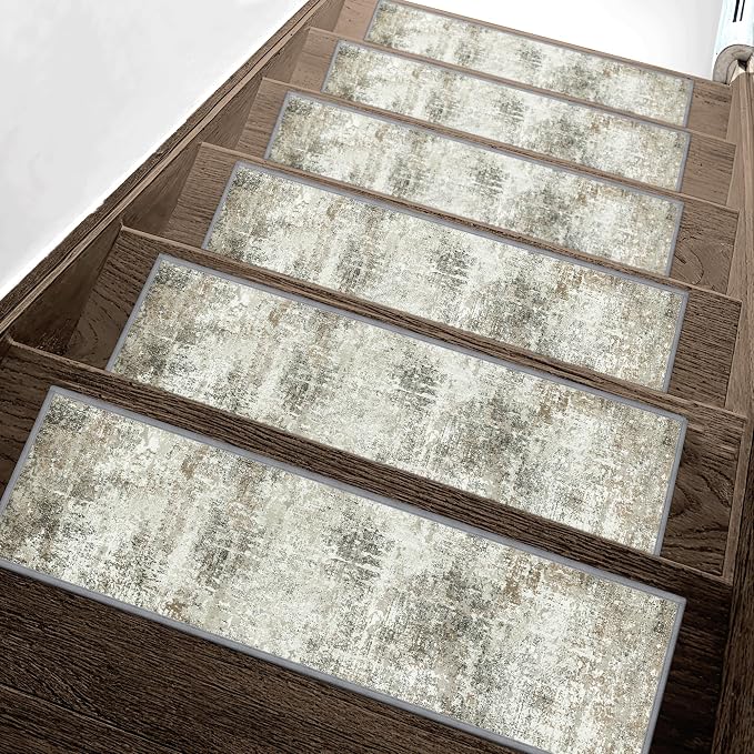 sarben 8"x30" Non Slip Stair Treads for Wooden Steps 15 Pack, Ashstone Grey | Peel and Stick Carpet Stair Runner with TPE Adhesive Backing, Carpet for Added Safety, Pet and Senior Friendly