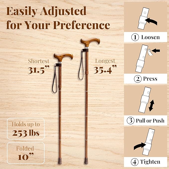 Merry Sticks Lightweight Foldable Walking Canes for Women and Men, Adjustable & Collapsible Walking Stick for Seniors, Balancing Mobility Aids, Ergonomic Handle & Wrist Strap - Rosewood