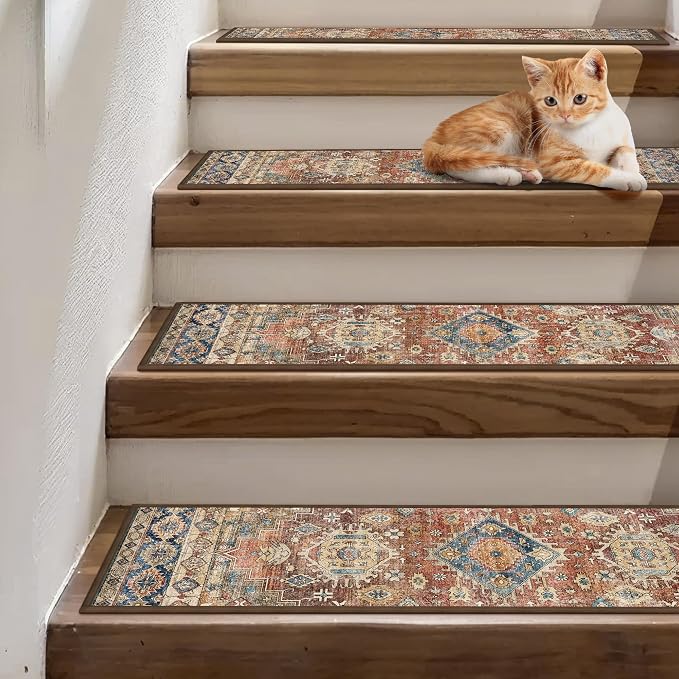 sarben 8"x30" Non Slip Stair Treads for Wooden Steps 15 Pack, Antique Red | Peel and Stick Carpet Stair Runner with TPE Adhesive Backing, Carpet for Added Safety, Pet and Senior Friendly