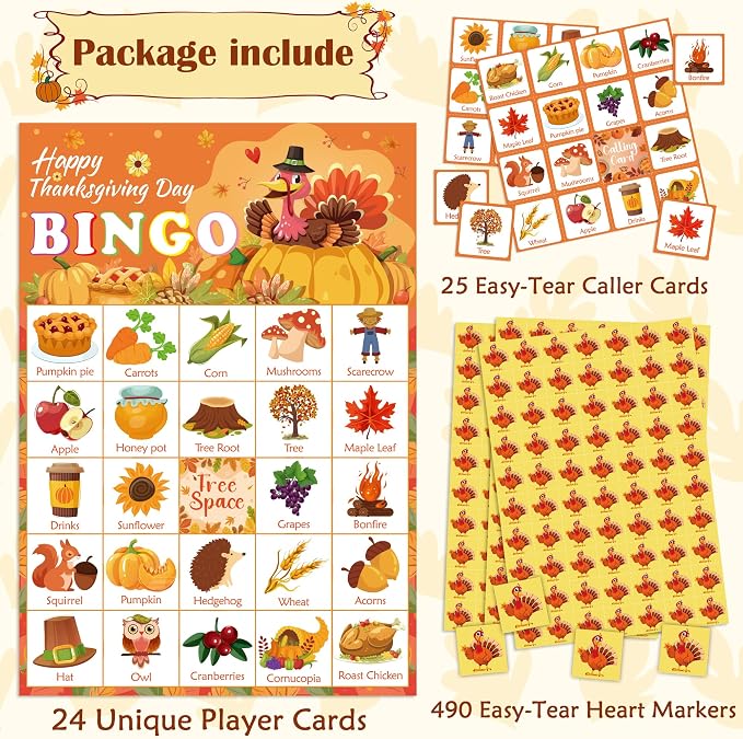 OHOME Thanksgiving Crafts for Kids | Thanksgiving Bingo Cards - 24 Players Thanksgiving Games - Thanksgiving Gifts Party Favors for Kids | Friendsgiving Activities Toys Party Supplies
