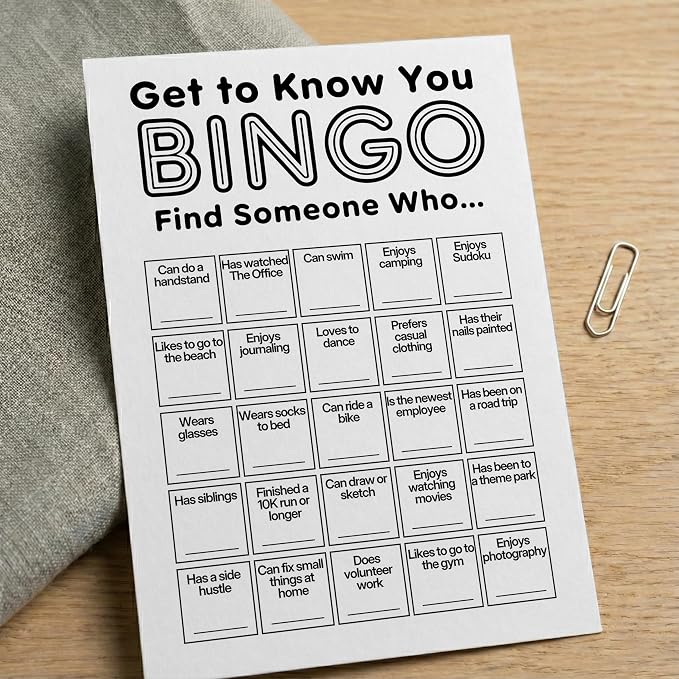 Find Someone Who Bingo Cards, 25 Unique Randomized 5x7 Sheets, Get to Know You Bingo Game for Adults, Ice Breaker Office Party Games, Team Building Games for Work, High Replay Value - A01