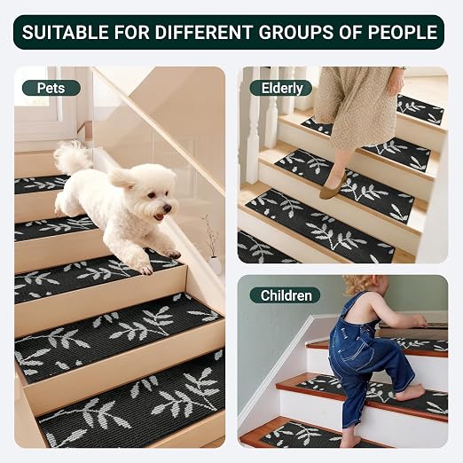 Carpet Stair Treads, Non-Slip Stair Treads for Wooden Steps Indoor | Stair Runner for Pets, Non Skid Staircase Step Treads Washable Reusable, Stair Protectors 30" x8" Set of 15, Black