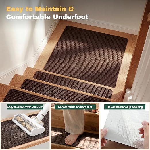 MBIGM Carpet Stair Landing Mat, 1 Pack, 2'6" x 2'6", Brown | Polyester carpet surface with PP mesh, nonwoven cushioning, and TPR adhesive backing for indoor stair coverage.
