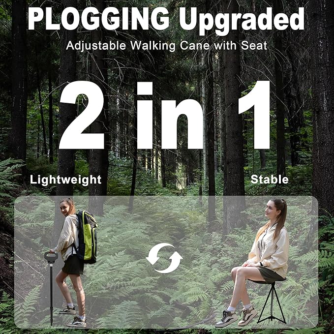 Adjustable Cane with Seat Folding Lightweight, Portable Cane Chair for Adults & Seniors, Walking Stick with Seat for Travel Hiking, with Cushion Carry Bag