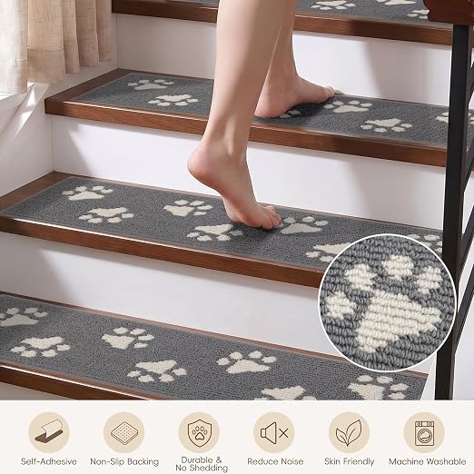 DEXDE Stair Treads for Wooden Steps Non-Slip 4pcs, 30"x8" Grey | Carpet Stair Treads Non Slip Backing Indoor, Soft Washable Stair Runners Self-Adhesive Staircase Rugs for Kids Pets Elders