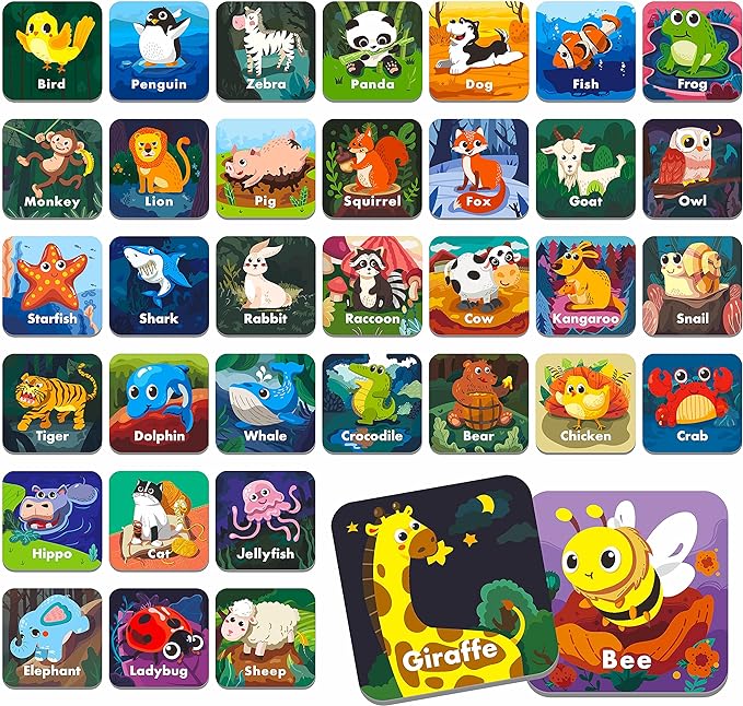 Hebayy 36 Pair Animal Matching Memory Game Flash Cards for Toddlers, Preschool, Kindergarten and Home. Erasable, Fun & Fast, Travel Friendly, Skill Building. Size 2” x 2”(5 x 5 cm)