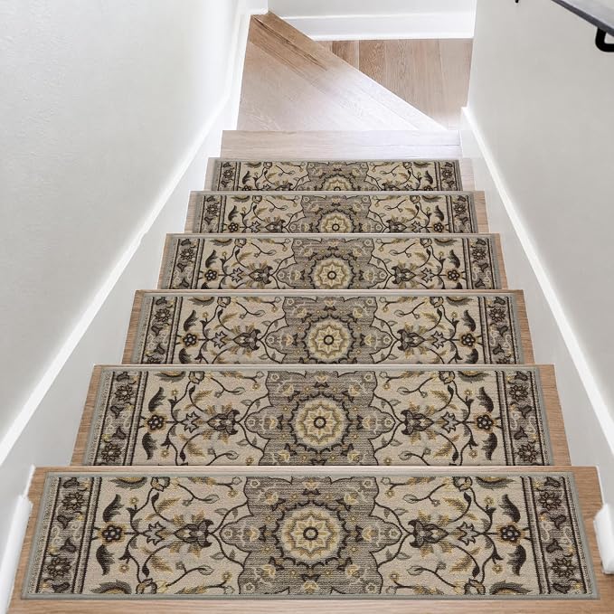 COSY HOMEER Stair Treads for Wooden Steps Indoor with TPE Backing,15Pcs | Non-Slip Carpet Stair Treads, Soft Peel and Stick Stair Runners,Pet-Friendly Stair Runner Washable Reusable,Floral Gray