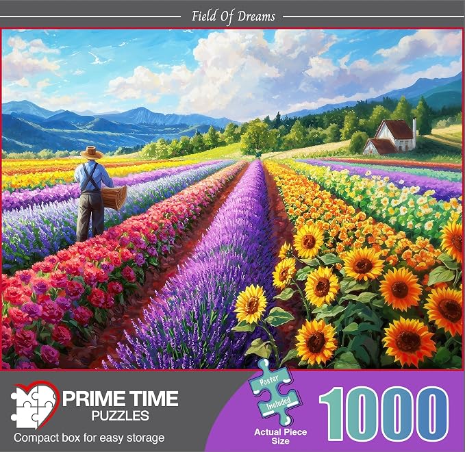 Adult Jigsaw Puzzle 1000 Piece Mountain Flower Farm | Vibrant sunflowers and colorful floral rows of a country cottage farm scene. Suitable on a table, puzzleboard or floor.