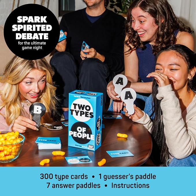 Two Types of People by Relatable, One of Our Go-to Party Games for Adults, Perfect Option for Board Games for Adults, Includes 300 Type Cards, 1 Guesser’s Paddle, 7 Answer Paddles