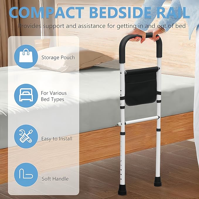 Bed Rails for Elderly Adults with Floor Support, Adjustable Bed Cane with Storage Pocket and Extension Legs for Seniors Hold up to 300 Lbs, Grab Bar Handle Fits King Twin Full Size Bed