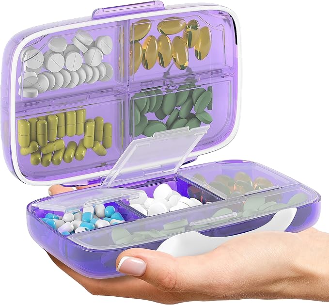 Travel Pill Organizer – Moisture-Proof Medicine Pill Organizer with Labels, 8 Compartment Pill Box Case for Vitamins & Supplements, Portable Pocket Pharmacy (Purple)