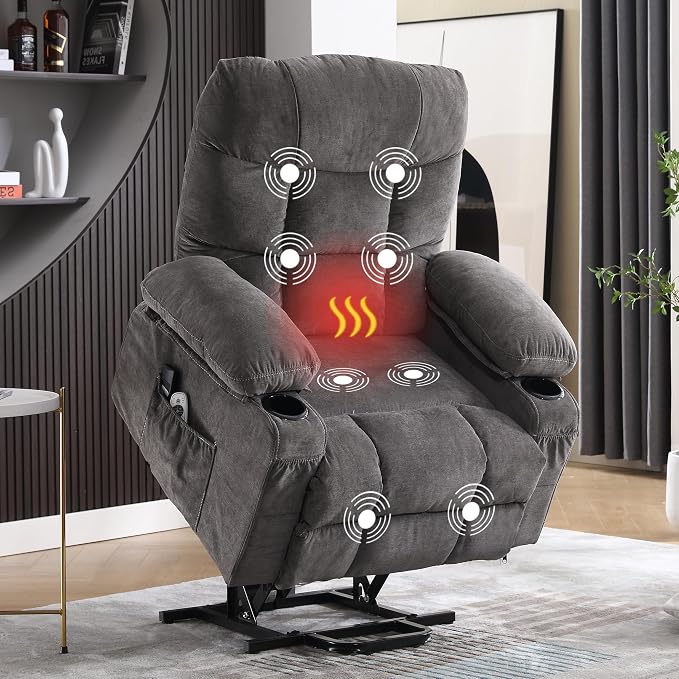 MAHOMICO Power Lift Recliner Chair for Elderly with Vibration Massage and Lumbar Heating,Electric Lift Recliner Single Sofa with Side Pocket,Two Cup Holders and USB Charge Port for Living Room