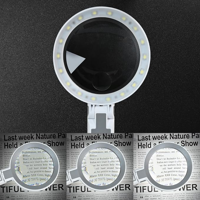 4X Rechargeable Magnifying Glass with 18 LED Light, Foldable Handheld Stand, Magnifying Glass with Light Ideal for Close Work, Seniors Reading, Macular Degeneration - Inbuilt Lithium Battery Included