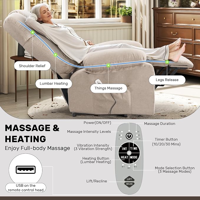 Power Lift Recliner Chair for Elderly, Big and Tall Lift Chair with Massage and Heat for Living Room, Fabric Electric Recliner Chairs with 4 Side Pockets, USB Charge Port,Beige