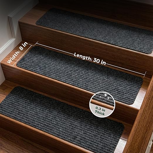 MBIGM 8" x 30" Non Slip Carpet Stair Treads Indoor (4 Pack), Non Skid Stair Rugs for Stairs, Slip Resistant Stair Runner for Kids, Seniors & Pets, Reusable Adhesive, Black