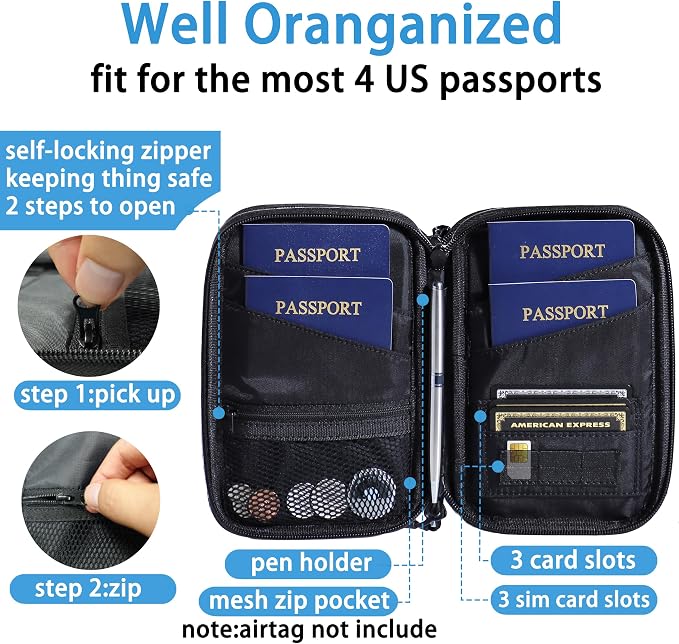 Lagre Family Passport Holder for 4, Solid Black | Multiple Passport Bag, RFID Blocking, Waterproof with Zipper, For Women & Men