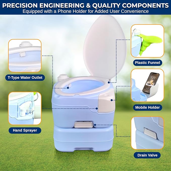SereneLife 4 Gal Portable Camping Toilet For Adults, 100+ Flushes, Porta Potty Camp Toilet with Phone Holder, Hand Sprayer, Plastic Funnel for Camping, Hiking, and Boating