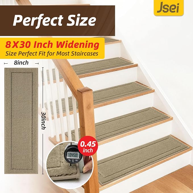 JSEI Stair Treads for Wooden Steps Indoor, 15-Pack, 30" x 8", Beige | Non Slip Stair Treads, Washable Polyester Stair Mats with TPE Backing, Low Profile Stair Rugs for Kids, Seniors and Dogs