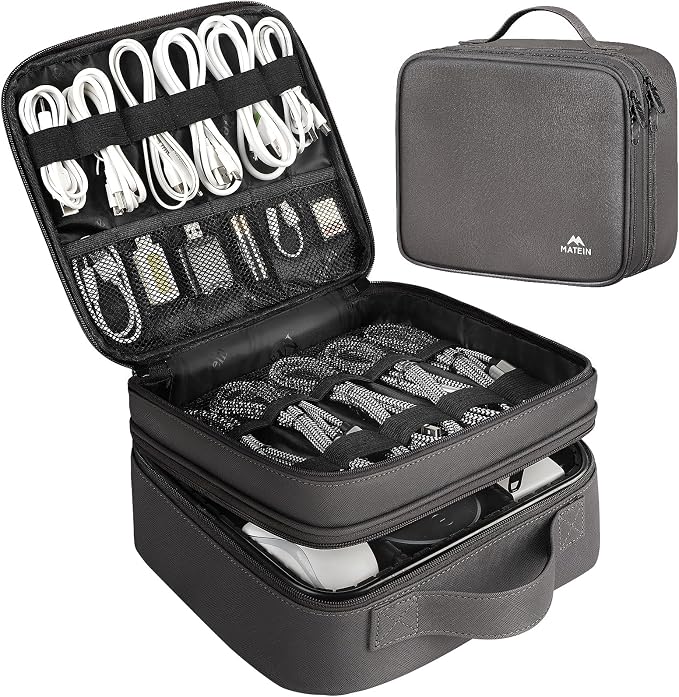 MATEIN Cord Organizer Bag with Adjustable Divider, DJ Electronic Storage | Cable File Bag, Charger Organizer Box, Double Layer, Shockproof, Tech Accessories, Cord Bag Organizer, Double Layer, Grey