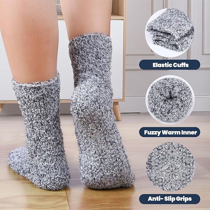 HUGSWEET 6 Pairs Thick Fuzzy Socks with Grip Cozy Non Slip Hospital Socks Home Fluffy Warm Slipper Socks Gifts for Women