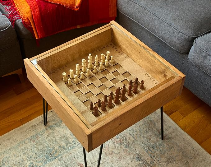 Rustic Chess and Checkers Coffee/End Table with Removable Glass top - Full Set of Chess and Checkers Pieces Included.