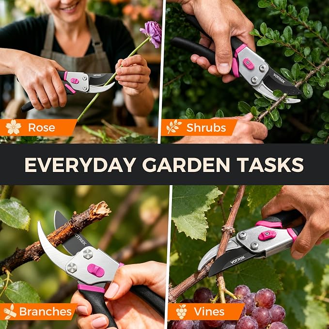 VOTREK® Bypass Pruning Shears, 8.5" Jam-Proof Spring Clippers for branches | Sharp & Anti-Rust SK5 Blade, Ergonomic Non-Slip Grip for Weak Hands, Garden Pruner for Heavy Duty Tree Trimming, Rose, Bonsai