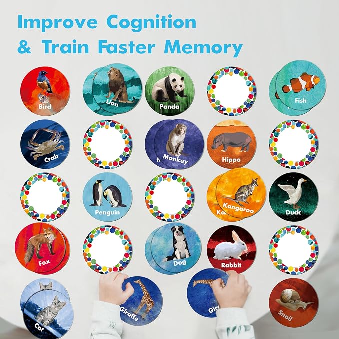 Hebayy Realistic Animal Matching Game, 50 PCS Round Animal Memory Matching Cards for Toddlers 25 Pairs Real Animal Memory Cards Educational Toys for Preschool Boys & Girls 4 5 6 Years Old