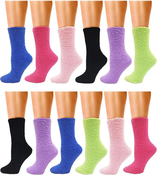 12 Pairs Fuzzy Socks for Women, Soft Fluffy Cozy Thick Warm Winter Holiday Stocking Stuffer Bulk Pack