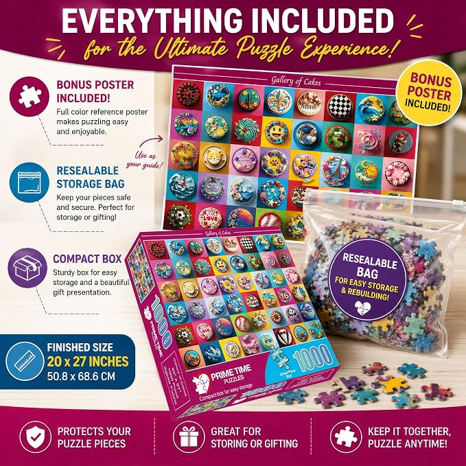 Adult Jigsaw Puzzle 1000 Piece Colorful Cakes | Features a vibrant gallery of unique cakes. 20x27 inches — Great for game nights on a table, puzzleboard, or floor.