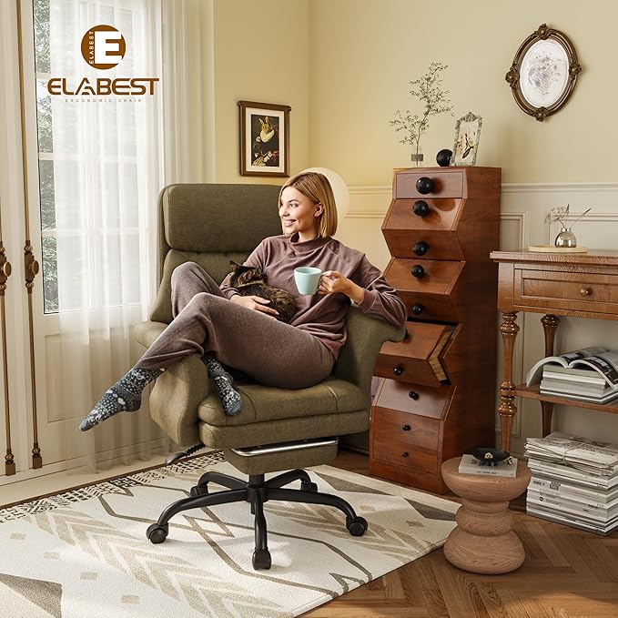 ELABEST C39 Cross Legged Office Chair with Footrest & Convertible Armrests-Pet-Friendly Criss Cross Home Desk Chair, Ergonomic Recliner with Lumbar Pillow,Big and Tall Executive Chair