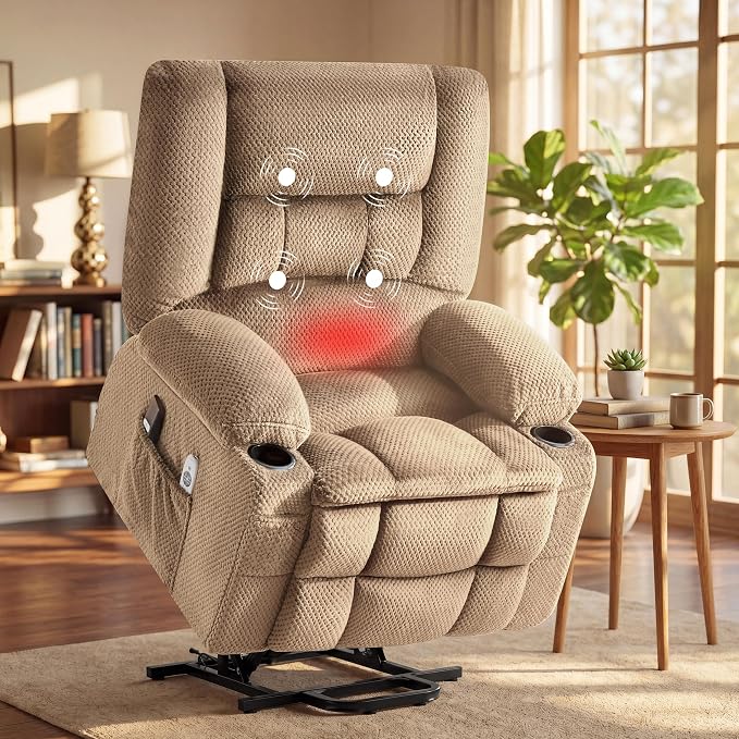 Power Lift Recliner Chair for Elderly, Electric Reclining Lift Chair with Massage and Heating, Comfy Overstuffed Recliner Single Sofa with Cup Holders, Pockets, USB Charge Port for Living Room, Camel