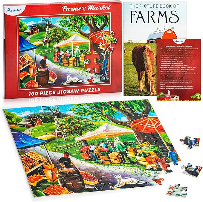 Assistex Dementia Jigsaw 100 Large Puzzle for Seniors - Alzheimer's Activity for Adults with Conversation Prompts - Best Memory Game for Patiens in Nursing Home - Build in Box Activities for Elderly