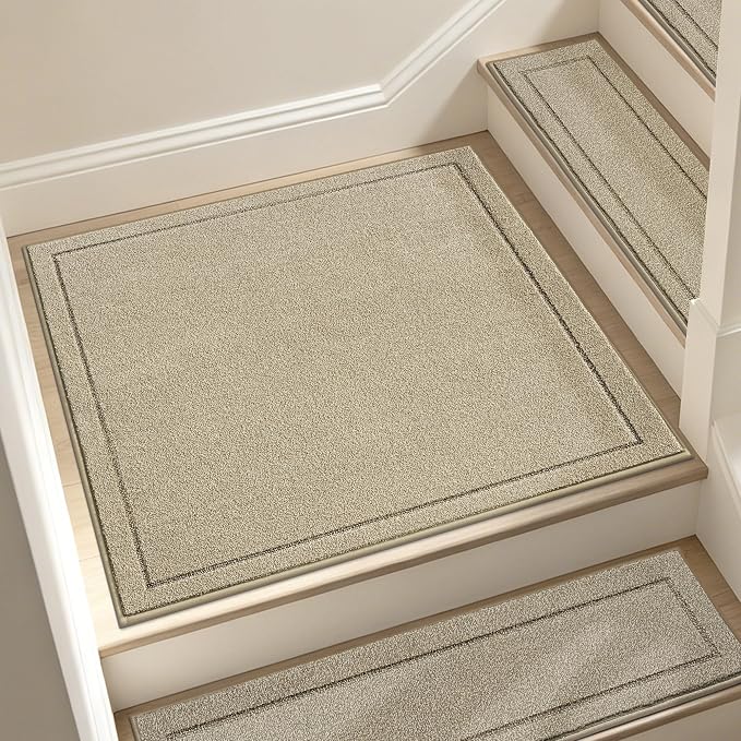 JSEI Non-Slip Stair Landing Rug Mat, 1-Pack 30" X 30", Light Beige | Edging Stair Treads Corner Indoor Stair Runners for Wooden Steps for Kids and Dogs, 100% Polyester, TPE Backing