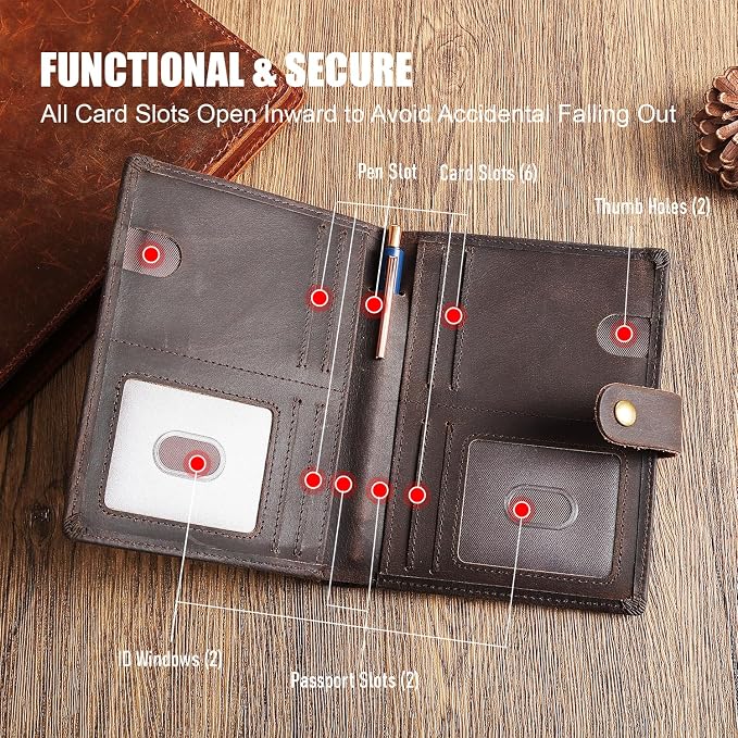 Vitus Full Grain Leather Passport Wallet, Travel Document Organizer with RFID Blocking, Dual Passport Slots, Multiple Card Holders, AirTag Compatible, a 60-Page Travel Notebook & Pen Included
