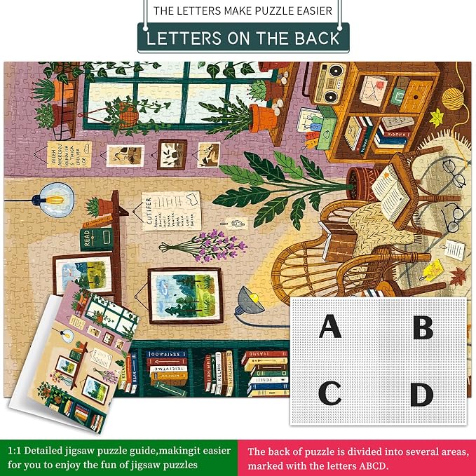 1000 Piece Jigsaw Puzzles for Adults, Reading Nook Puzzle with 1:1 HD Poster, Precise Interlocking, Letter Markings on Back, Dust-Free, Stress Relief & Ideal Family Game Gift