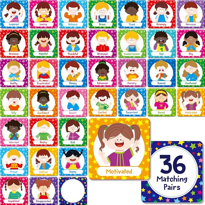 Hebayy 72 PCS Emotions Matching Game, 36 Pairs Feelings Memory Matching Cards Emotional Learning Activities Calm Down Corner Supplies for Baby Toddler Pre-K Preschool Kindergarten Autism ADHD