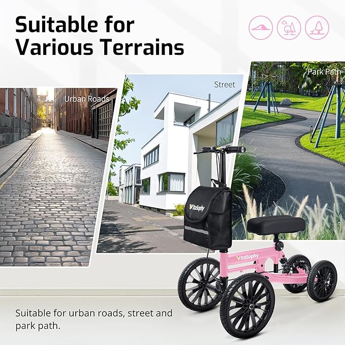 All Terrain Knee Scooter with Disc Brakes, Steerable Knee Walker for Adults for Foot Surgery, Broken Ankle- Foldable Rover Scooter for Broken Foot Injured Leg Crutch (Pink)