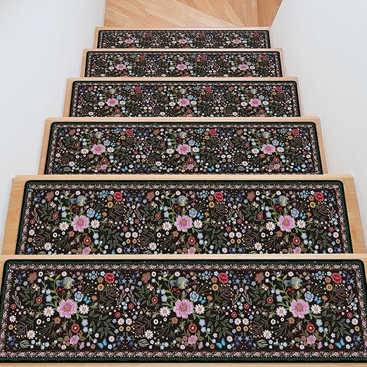 Stair Treads for Wooden Steps 15 Pack, Flower Stair Runners Non Slip and Washable, Vintage Floral Rug Carpet for Stairs with Silicone Backing 8" X 30"